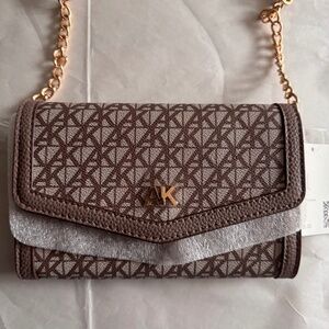 Annie Klein logo wallet on chain crossbody bag Brown leather new